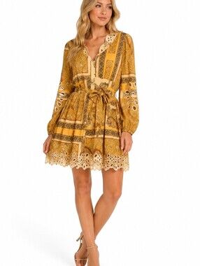 IPEKYOL Women's Mustard Paisley Eyelet Embroidered Mini Dress Belted - US 12
